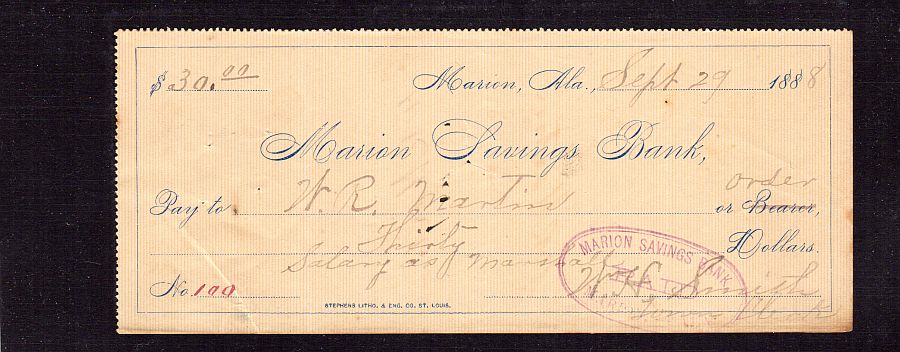 Marion, Alabama, Marion Savings Bank 09/29/1888 $30.